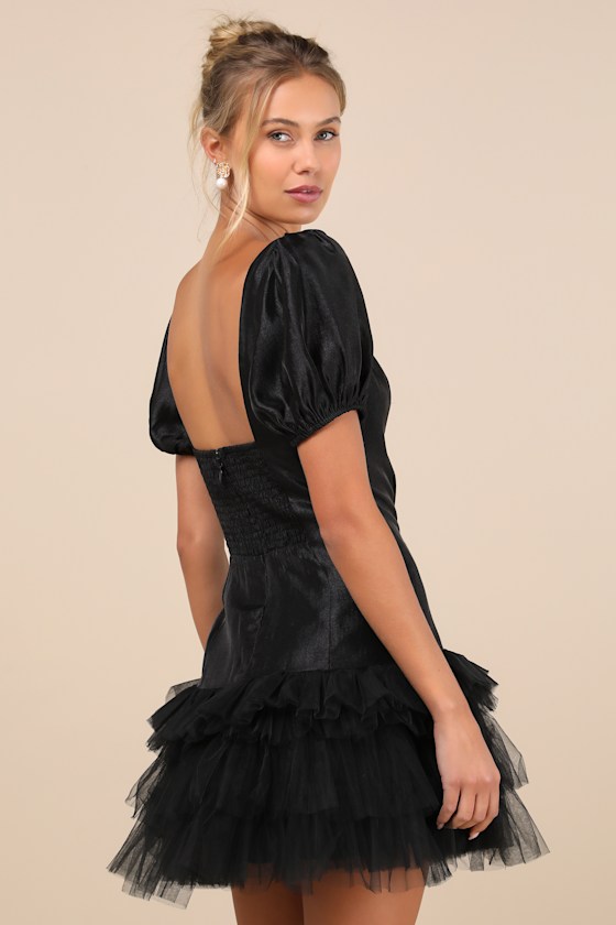 Lulus Notably Fabulous Black Taffeta Tiered Puff Sleeve Mini Dress In Black