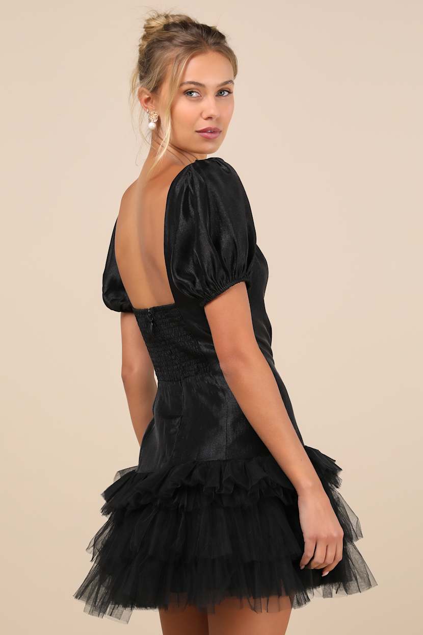 Black Mini Dress - Puff Sleeve Mini Dress - Tiered Tulle Dress - Lulus Black Mini Dress - Puff Sleeve Mini Dress - Tiered Tulle Dress - Lulus