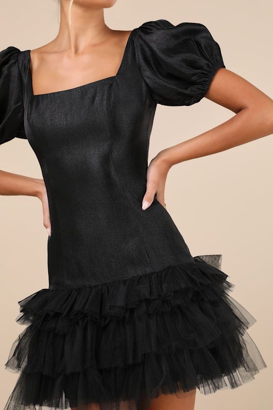 Lulus Notably Fabulous Black Taffeta Tiered Puff Sleeve Mini Dress In Black