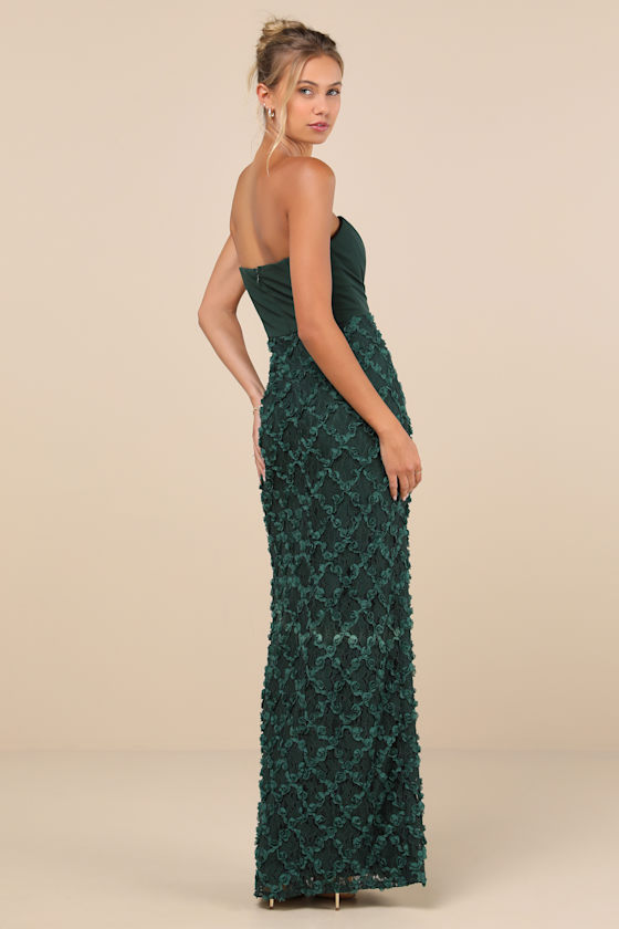 Lulus Ravishing Appeal Emerald 3d Floral Applique Strapless Maxi Dress In Green