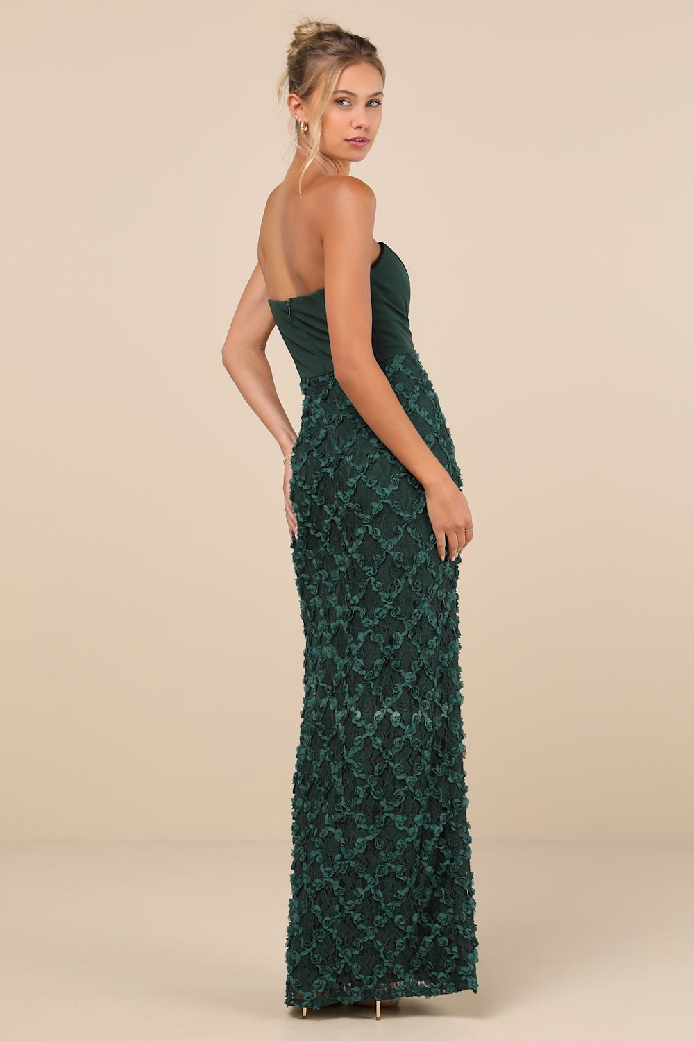 Ravishing Appeal Emerald 3D Floral Applique Strapless Maxi Dress