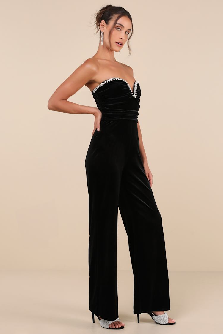 Fabulous Instinct Black Velvet Pearl Strapless Jumpsuit