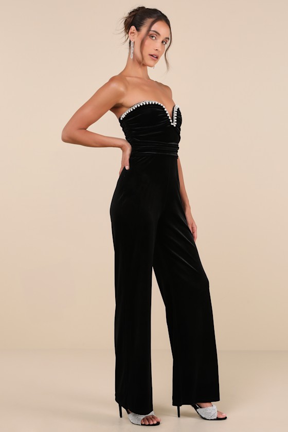 Fabulous Instinct Black Velvet Pearl Strapless Jumpsuit 5