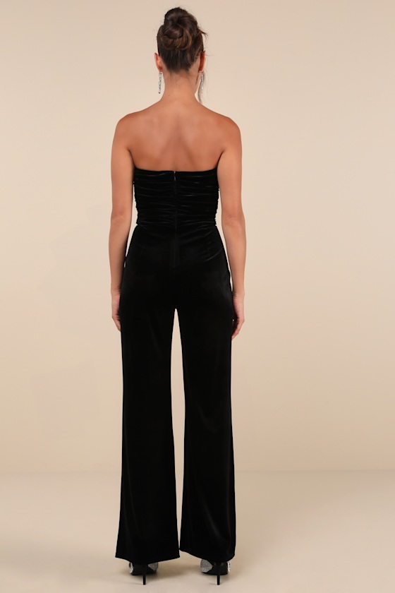 Lulus Fabulous Instinct Black Velvet Pearl Strapless Jumpsuit In Black
