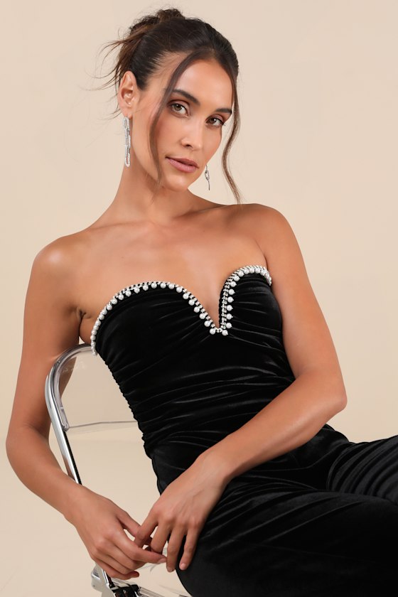 Lulus Fabulous Instinct Black Velvet Pearl Strapless Jumpsuit In Black