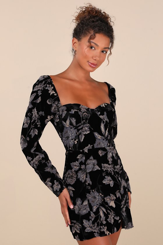 Lulus Simply Decadent Black Floral Velvet Burnout Bustier Mini Dress In Black