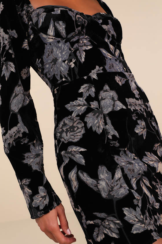 Lulus Simply Decadent Black Floral Velvet Burnout Bustier Mini Dress In Black