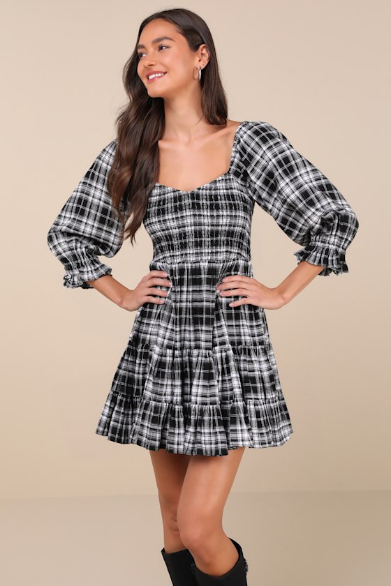 Lulus No One Cuter Black And Ivory Plaid Puff Sleeve Tiered Mini Dress In Black And Ivory