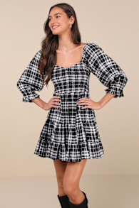 No One Cuter Black and Ivory Plaid Puff Sleeve Tiered Mini Dress 3