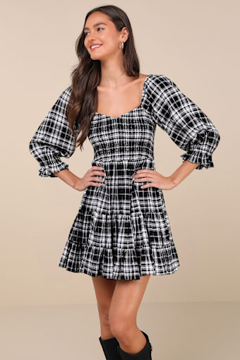 No One Cuter Black and Ivory Plaid Puff Sleeve Tiered Mini Dress 3