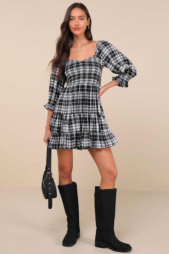 Lulus No One Cuter Black And Ivory Plaid Puff Sleeve Tiered Mini Dress In Black And Ivory