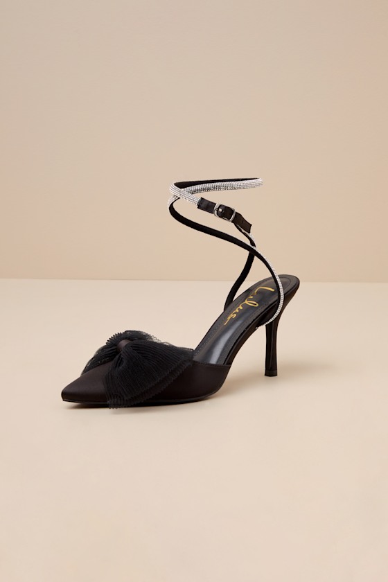Lulus Lelanee Black Satin Rhinestone Bow Ankle Strap Pumps In Black