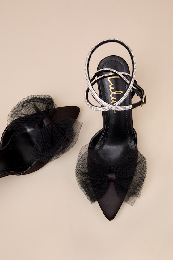 Lulus Lelanee Black Satin Rhinestone Bow Ankle Strap Pumps In Black