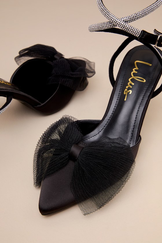 Lulus Lelanee Black Satin Rhinestone Bow Ankle Strap Pumps In Black