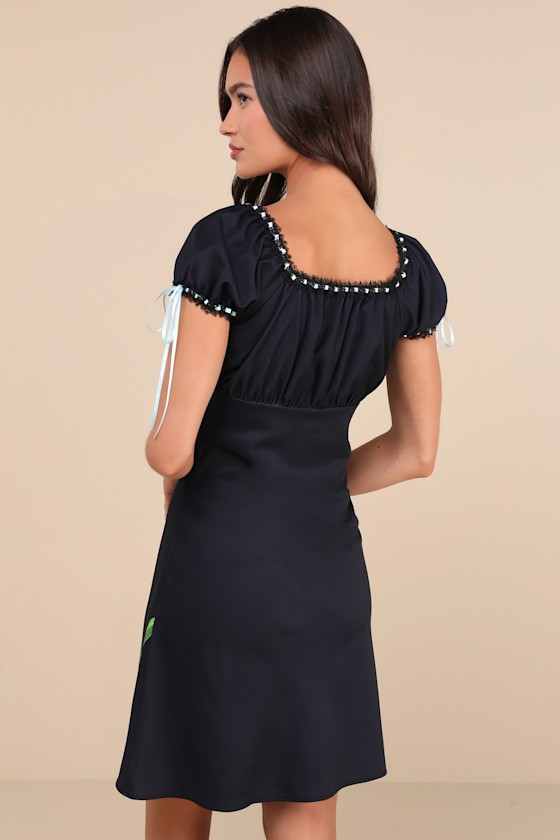 Tyler Mcgillivary Maiden Black Snowdrop Print Lace Ribbon Puff Sleeve Mini Dress In Black