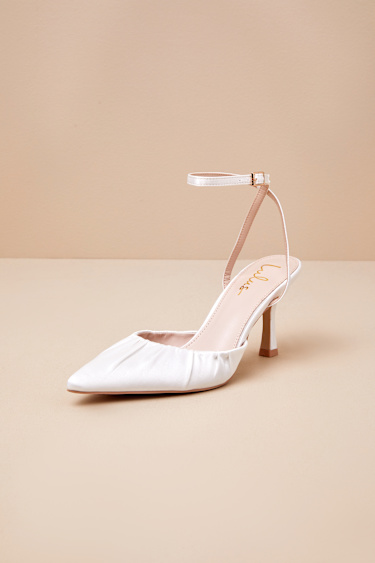 Pointed Toe White Heels Wrap Around Ankle White Satin High Heels