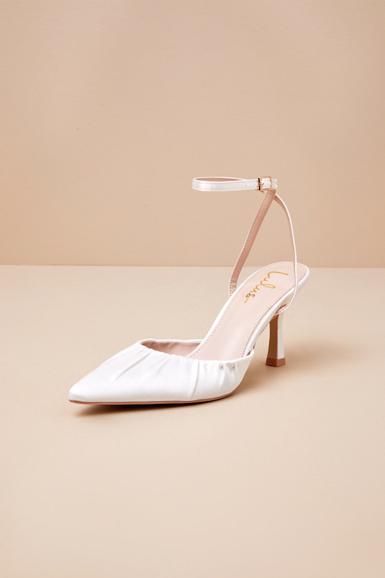 Margot White Satin Pointed-Toe Ankle Wrap High Heels 2