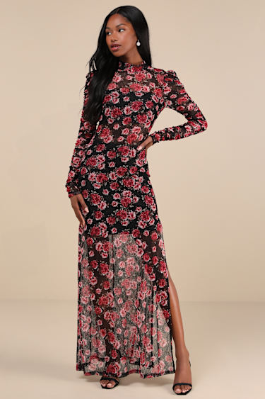 Black Floral Dress - Sheer Mesh Maxi Dress - Ruched Cutout Dress 
