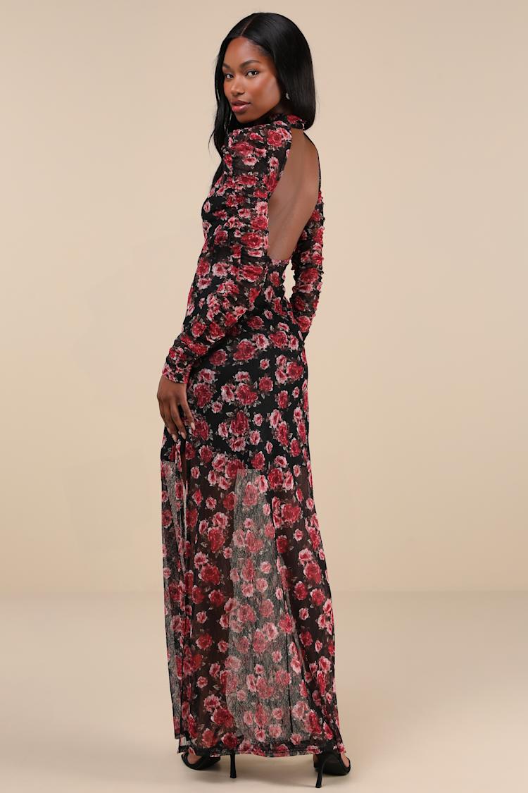 black floral mesh maxi dress long sleeve Black Large Floral Mesh Long Sleeve Maxi Dress