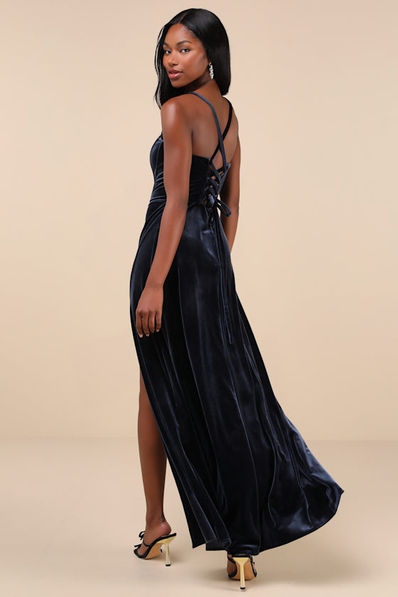 Lulus Extravagant Muse Dark Slate Velvet Lace-up Bustier Maxi Dress In Blue