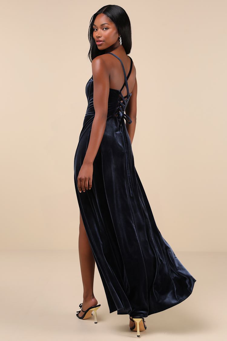 Extravagant Muse Dark Slate Velvet Lace-Up Bustier Maxi Dress