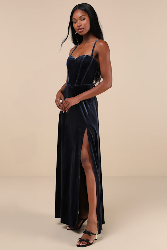 Lulus Extravagant Muse Dark Slate Velvet Lace-up Bustier Maxi Dress In Blue