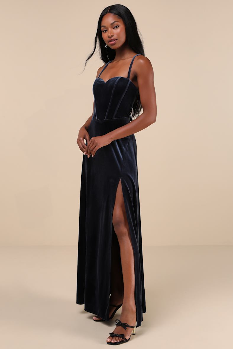 Extravagant Muse Dark Slate Velvet Lace-Up Bustier Maxi Dress