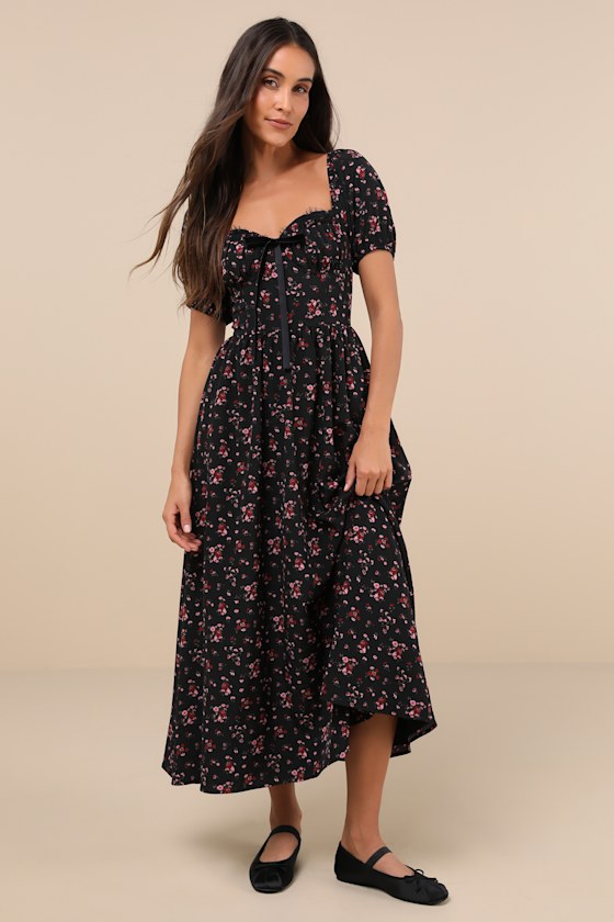 Image of Lovely Reputation Black Floral Puff Sleeve Bustier Midi Dress
