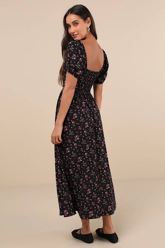 Lovely Reputation Black Floral Puff Sleeve Bustier Midi Dress 4