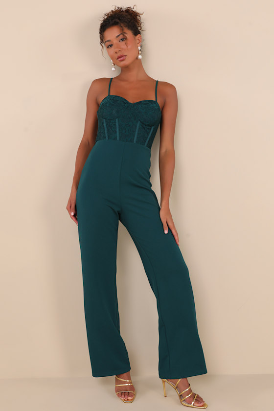 Eloquently Enticing Emerald Green Lace Bustier Jumpsuit
