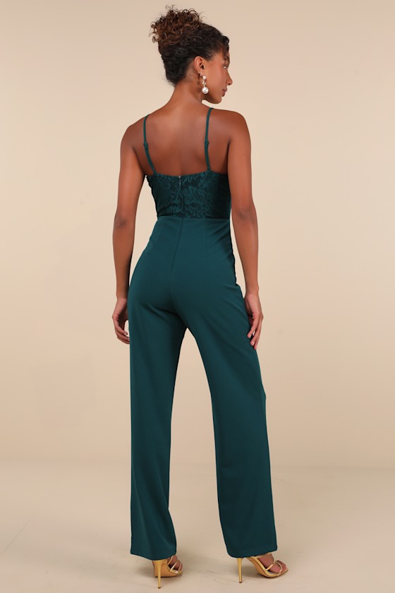 Lulus Eloquently Enticing Emerald Green Lace Bustier Jumpsuit In Emerald Green