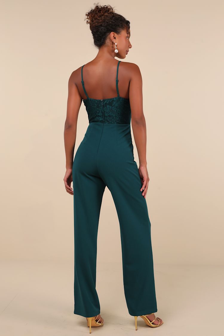 Eloquently Enticing Emerald Green Lace Bustier Jumpsuit