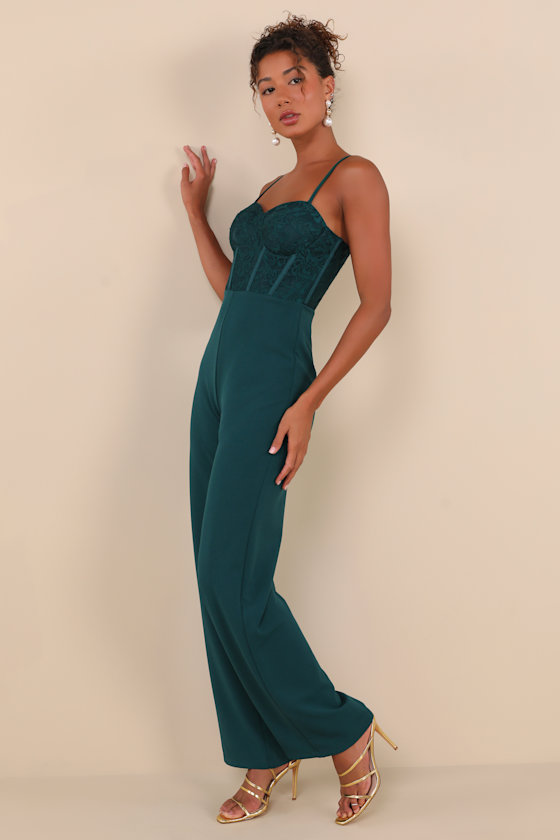 Lulus Eloquently Enticing Emerald Green Lace Bustier Jumpsuit In Emerald Green