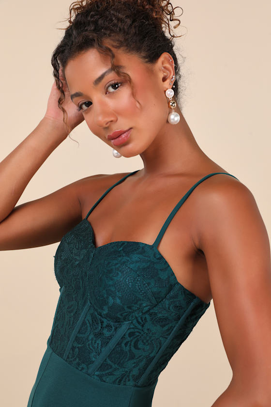 Lulus Eloquently Enticing Emerald Green Lace Bustier Jumpsuit In Emerald Green