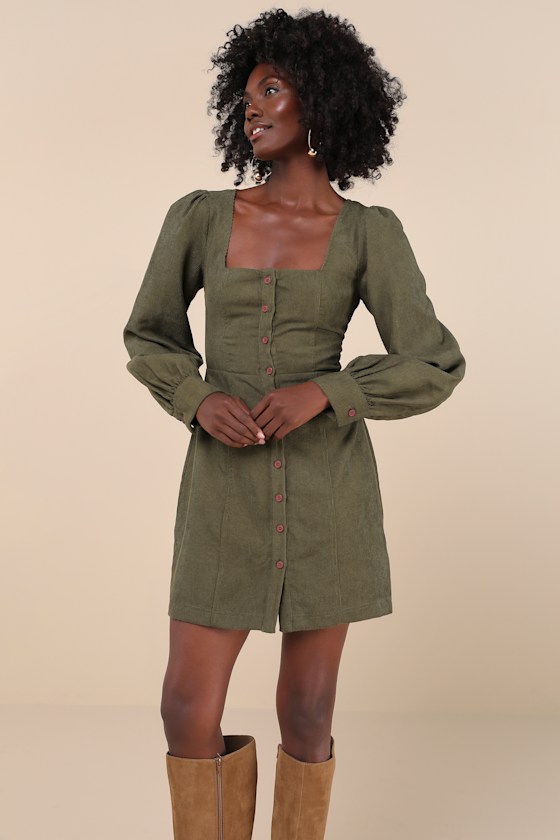 Posh Promise Olive Corduroy Long Sleeve Button-Up Mini Dress 2