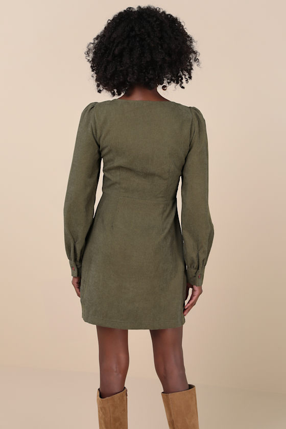 Lulus Posh Promise Olive Corduroy Long Sleeve Button-up Mini Dress In Green