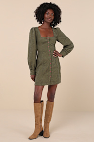 Posh Promise Olive Corduroy Long Sleeve Button-Up Mini Dress 4