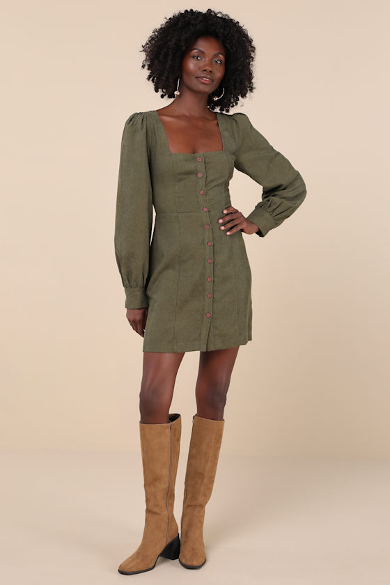 Posh Promise Olive Corduroy Long Sleeve Button-Up Mini Dress 4