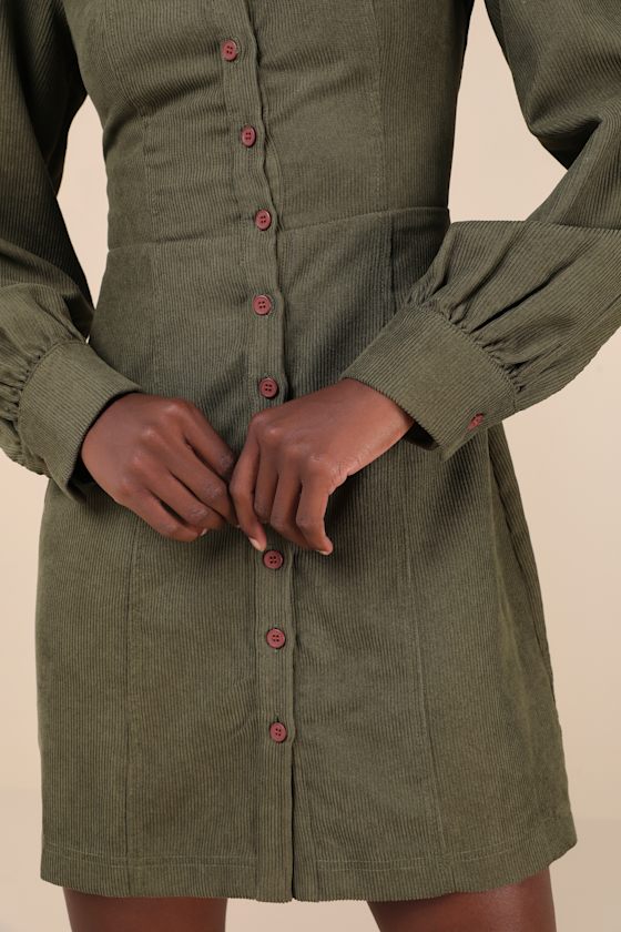 Lulus Posh Promise Olive Corduroy Long Sleeve Button-up Mini Dress In Green