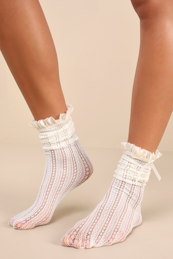 Kaili White Sheer Lace Ruffled Bow Socks 1
