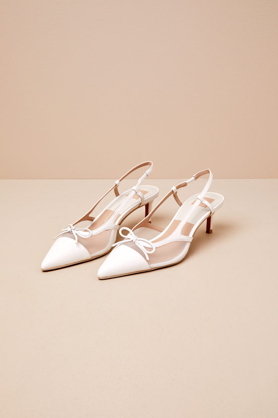 Kandi White Mesh Leather Bow Slingback Pumps 1