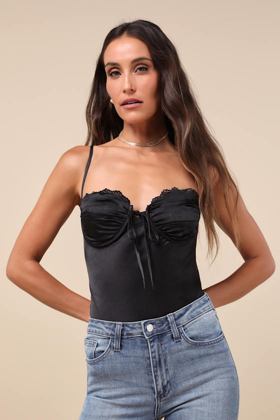 Lulus Stunning Choice Black Satin Tie-front Lace Cami Bodysuit In Black