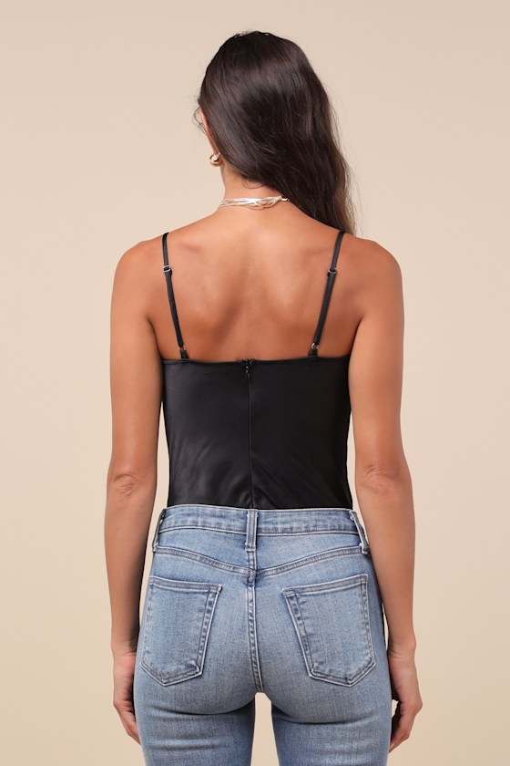 Lulus Stunning Choice Black Satin Tie-front Lace Cami Bodysuit In Black