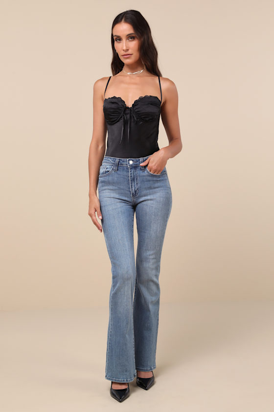 Lulus Stunning Choice Black Satin Tie-front Lace Cami Bodysuit In Black