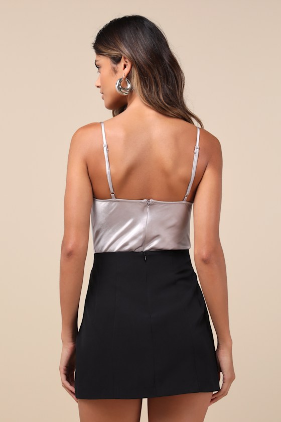 Shop Lulus Stunning Choice Silver Satin Tie-front Lace Cami Bodysuit
