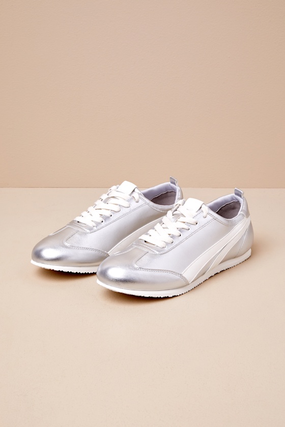 Lulus Perri Silver Color Block Lace-up Sneakers In Silver