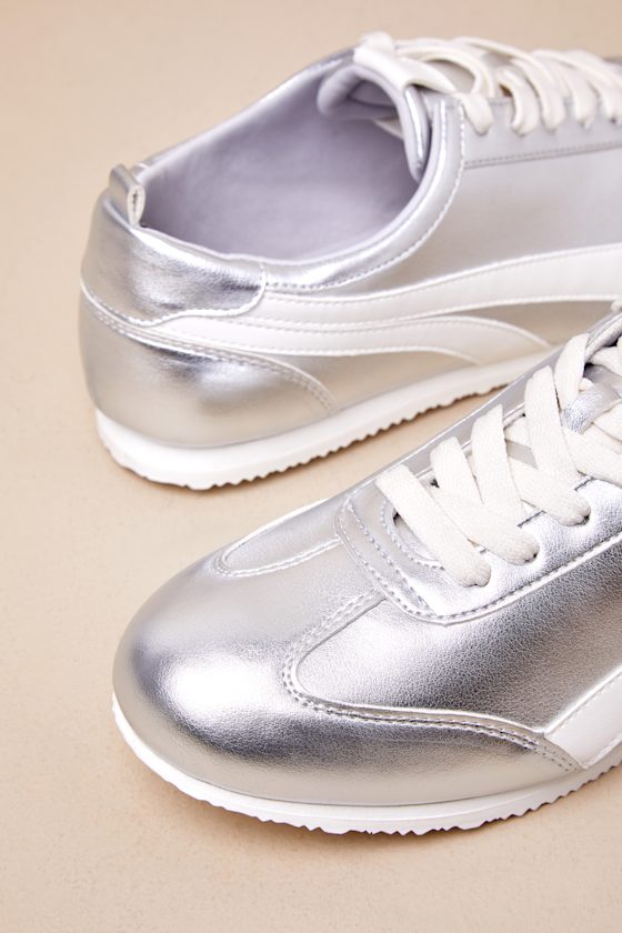 Lulus Perri Silver Color Block Lace-up Sneakers In Silver