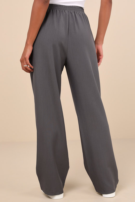 Charcoal Grey Twill Pants - Wide-Leg Pants - High-Waisted