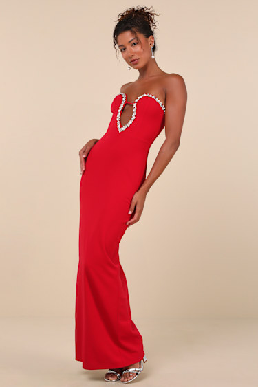 Red Cutout Dress -Rhinestone Trim Dress - Strapless Maxi Dress - Lulus Red Cutout Dress -Rhinestone Trim Dress - Strapless Maxi Dress - Lulus