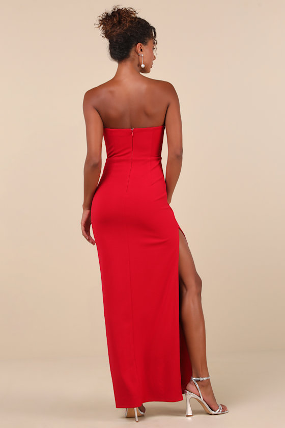 Sensational Luxury Red Rhinestone Cutout Strapless Maxi Dress 3